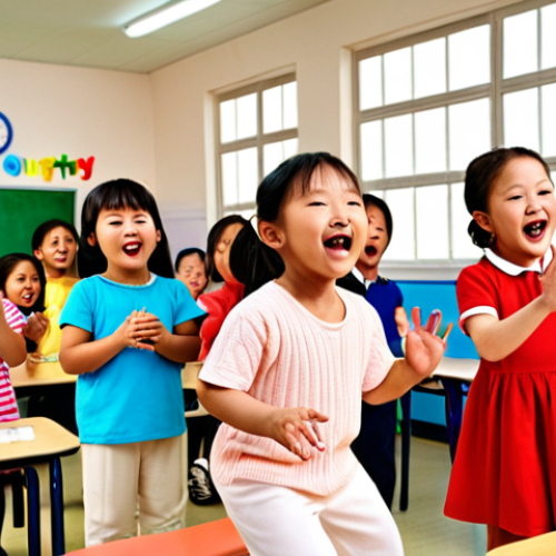 Home 15 **Kongsuni and a group of diverse children happily singing and dancing, learning English through playful interaction in a bright and colorful classroom setting. The scene should evoke a sense of fun, cultural connection, and early childhood education.**