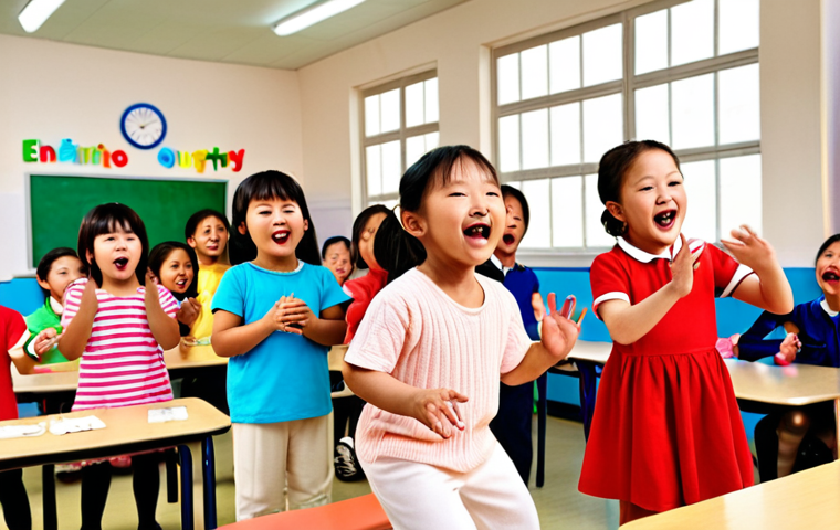 **Kongsuni and a group of diverse children happily singing and dancing, learning English through playful interaction in a bright and colorful classroom setting. The scene should evoke a sense of fun, cultural connection, and early childhood education.**