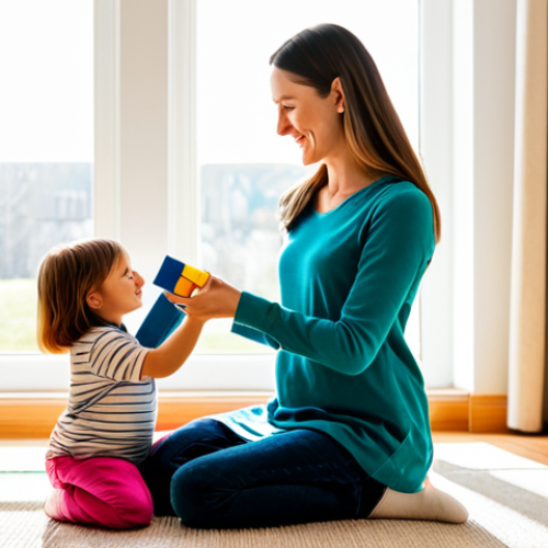 Home 14 A kind female parent and her young child, both fully clothed in modest, comfortable attire, are playing together in a brightly lit, modern playroom. The child is focused on arranging colorful, sustainably sourced wooden blocks and a natural fabric doll, while the parent gently guides and observes. Sunlight streams through a large window, illuminating the cozy, family-friendly space. The scene emphasizes conscious parenting choices and educational play. Professional photography, high resolution, soft lighting, vibrant colors, perfect anatomy, correct proportions, natural pose, well-formed hands, proper finger count, natural body proportions. Safe for work, appropriate content, fully clothed, modest clothing, family-friendly.