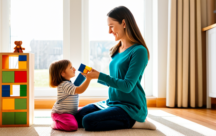 A kind female parent and her young child, both fully clothed in modest, comfortable attire, are playing together in a brightly lit, modern playroom. The child is focused on arranging colorful, sustainably sourced wooden blocks and a natural fabric doll, while the parent gently guides and observes. Sunlight streams through a large window, illuminating the cozy, family-friendly space. The scene emphasizes conscious parenting choices and educational play. Professional photography, high resolution, soft lighting, vibrant colors, perfect anatomy, correct proportions, natural pose, well-formed hands, proper finger count, natural body proportions. Safe for work, appropriate content, fully clothed, modest clothing, family-friendly.