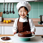 ** A young child, fully clothed in modest play clothes, is baking a chocolate cake with Kongsuni. They are in a bright and cheerful kitchen, with baking ingredients and utensils scattered around.  Safe for work, appropriate content, perfect anatomy, natural proportions, professional illustration, high quality, family-friendly.

**