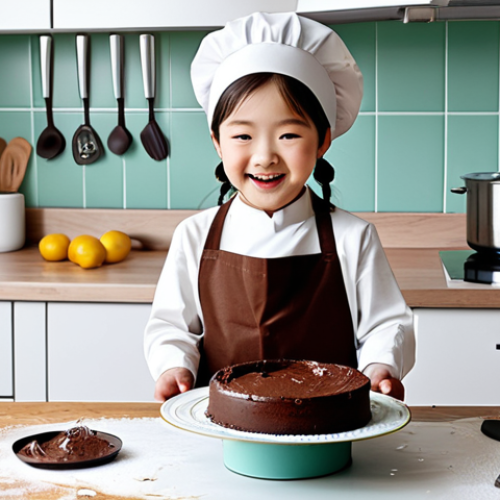 Home 7 ** A young child, fully clothed in modest play clothes, is baking a chocolate cake with Kongsuni. They are in a bright and cheerful kitchen, with baking ingredients and utensils scattered around. Safe for work, appropriate content, perfect anatomy, natural proportions, professional illustration, high quality, family-friendly.
**