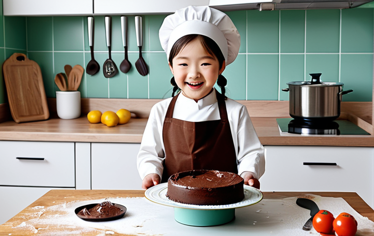 ** A young child, fully clothed in modest play clothes, is baking a chocolate cake with Kongsuni. They are in a bright and cheerful kitchen, with baking ingredients and utensils scattered around. Safe for work, appropriate content, perfect anatomy, natural proportions, professional illustration, high quality, family-friendly.
**