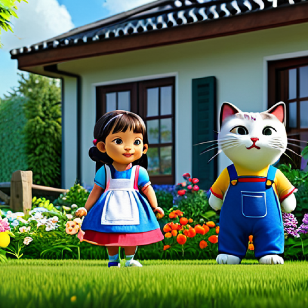 **

"A bright and cheerful scene of Kongsuni and her friend Seyo the talking cat, fully clothed in appropriate children's attire, exploring a garden filled with colorful flowers, safe for work, appropriate content, perfect anatomy, correct proportions, natural pose, family-friendly animation style, high quality rendering."

**