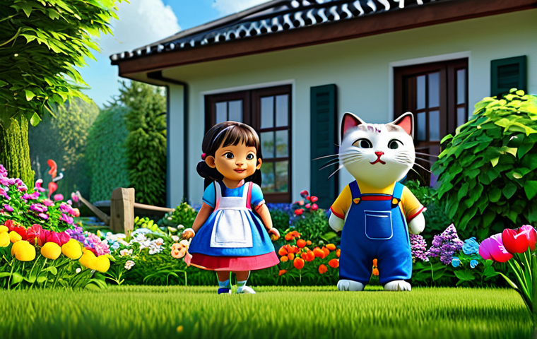 **

"A bright and cheerful scene of Kongsuni and her friend Seyo the talking cat, fully clothed in appropriate children's attire, exploring a garden filled with colorful flowers, safe for work, appropriate content, perfect anatomy, correct proportions, natural pose, family-friendly animation style, high quality rendering."

**