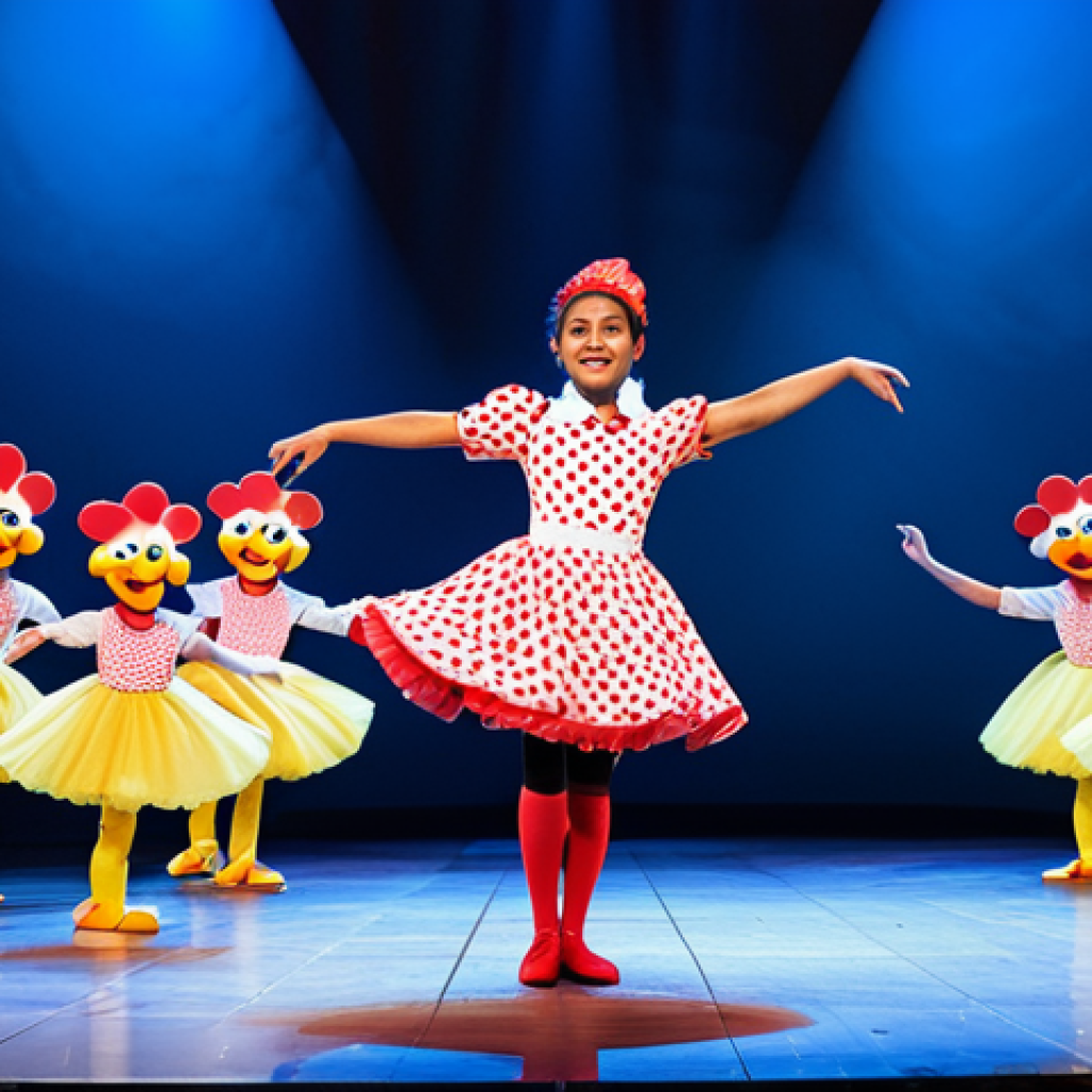 Galinha Pintadinha on Stage**

"Galinha Pintadinha (Lottie Dottie Chicken) performing on a brightly lit stage in Portugal, surrounded by colorful scenery and dancers in modest costumes, audience of children visible in the background, fully clothed, appropriate content, safe for work, professional stage photography, perfect anatomy for the characters, natural proportions, family-friendly."

**