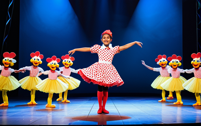 Galinha Pintadinha on Stage**

"Galinha Pintadinha (Lottie Dottie Chicken) performing on a brightly lit stage in Portugal, surrounded by colorful scenery and dancers in modest costumes, audience of children visible in the background, fully clothed, appropriate content, safe for work, professional stage photography, perfect anatomy for the characters, natural proportions, family-friendly."

**