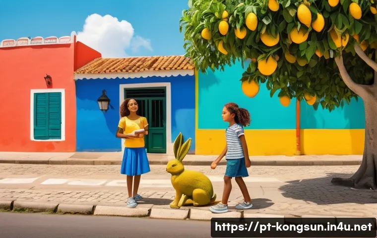 콩순이 주제 퀴즈 - A vibrant and cheerful illustration depicting Mônica, Cebolinha, Cascão, and Magali enjoying a sunny...