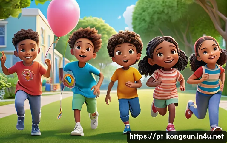 콩순이 애니메이션 시즌별 인기 - A vibrant and modern animated scene featuring a diverse group of children’s characters with detailed...