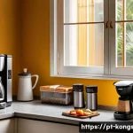 Home 20 콩순이와 함께하는 생활 팁 - A cozy, well-organized Brazilian family kitchen in the early morning, featuring a neatly arranged co...