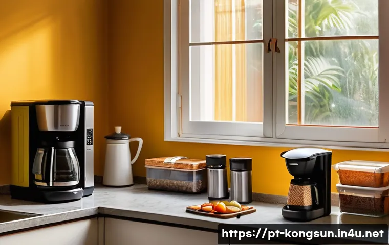 콩순이와 함께하는 생활 팁 - A cozy, well-organized Brazilian family kitchen in the early morning, featuring a neatly arranged co...