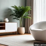Home 18 콩순이 피규어 컬렉션 - A modern living room scene featuring a medium-sized Kongsooni figure made of smooth white ceramic wi...