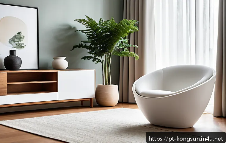 콩순이 피규어 컬렉션 - A modern living room scene featuring a medium-sized Kongsooni figure made of smooth white ceramic wi...