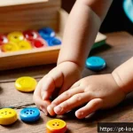 Home 23 콩순이 완구 AS 정보 - A detailed close-up scene of a child’s hands carefully inspecting a KongSuni toy with visible signs ...