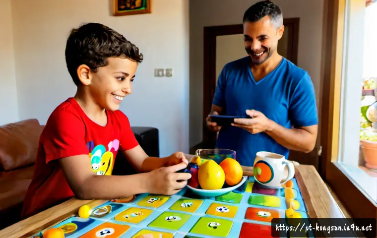 콩순이 미니 게임 - Photorealistic cheerful family living room in Portugal, a young child wearing colorful everyday clot...