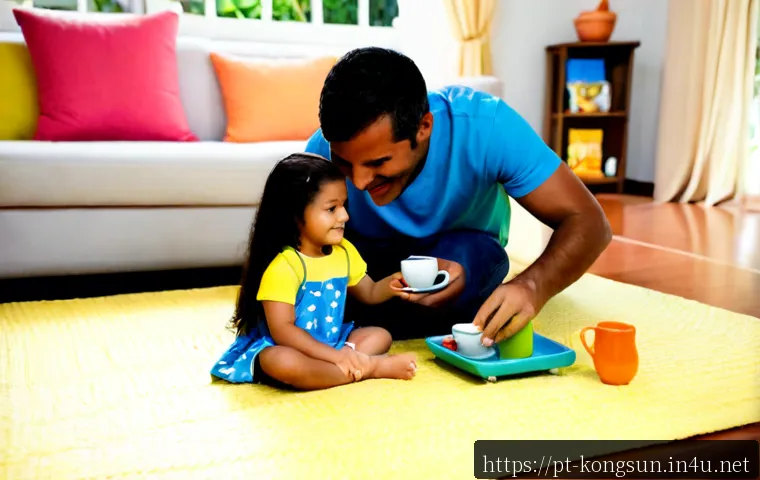 콩순이의 문화적 영향 - Photorealistic Brazilian family living room, a young child in colorful everyday clothes playing with...