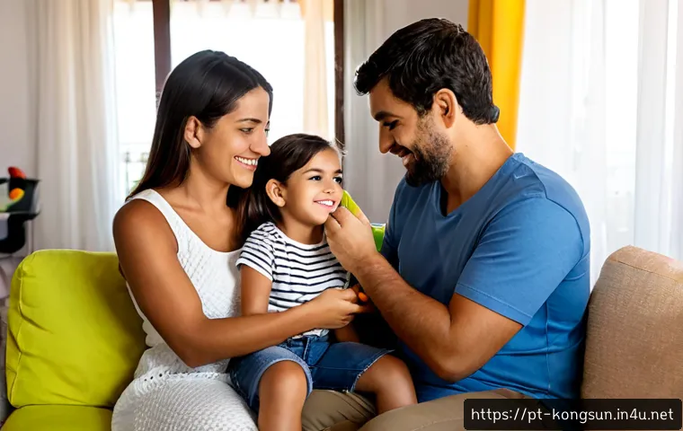 콩순이와 부모 역할의 상관관계 - Photorealistic Brazilian family living room, a caring mother and father sitting beside their young d...